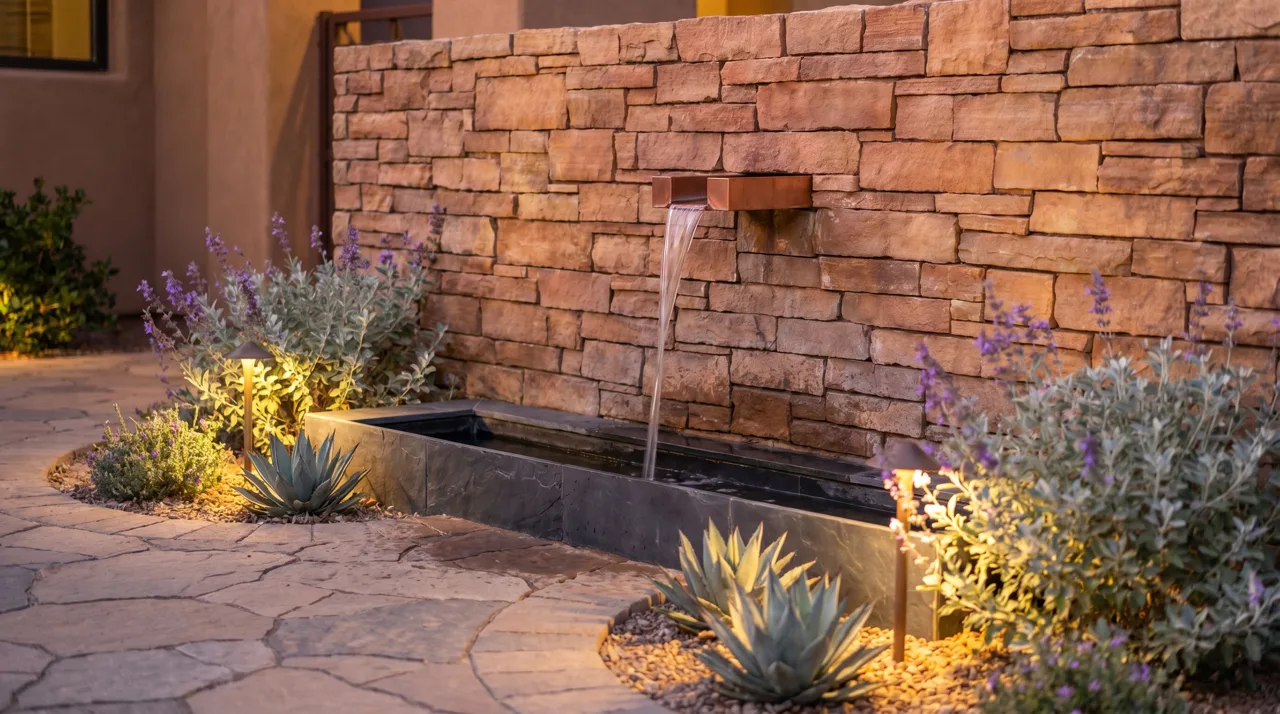 Small modern recirculating wall fountain in a stone entry courtyard with desert plants in warm evening light