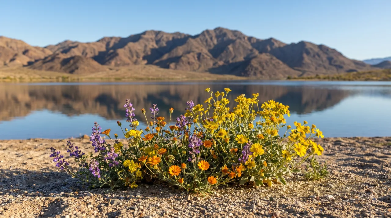 Native Mojave wildflowers blooming beside a calm desert lake in spring