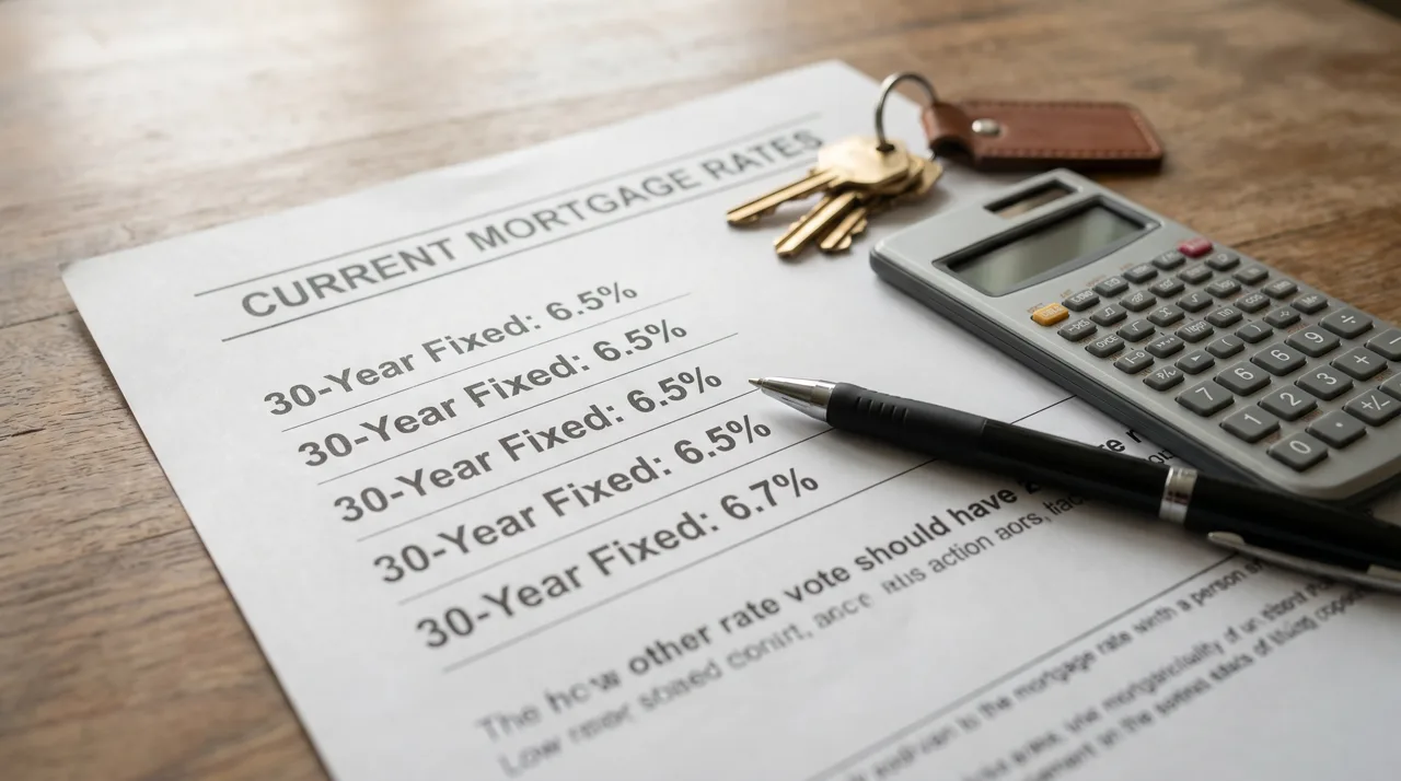 A printed mortgage rate sheet, a calculator, and a small ring of house keys arranged on a desk