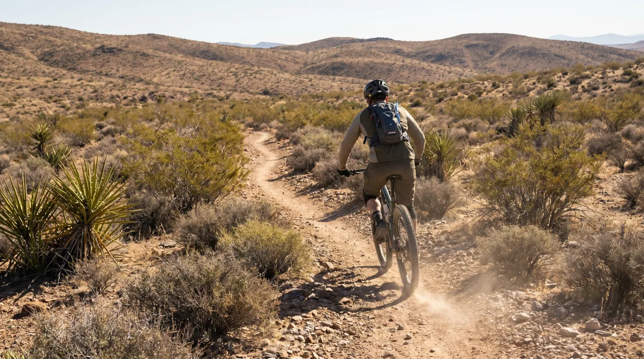 A lone mountain biker riding along a dusty desert singletrack trail near Henderson