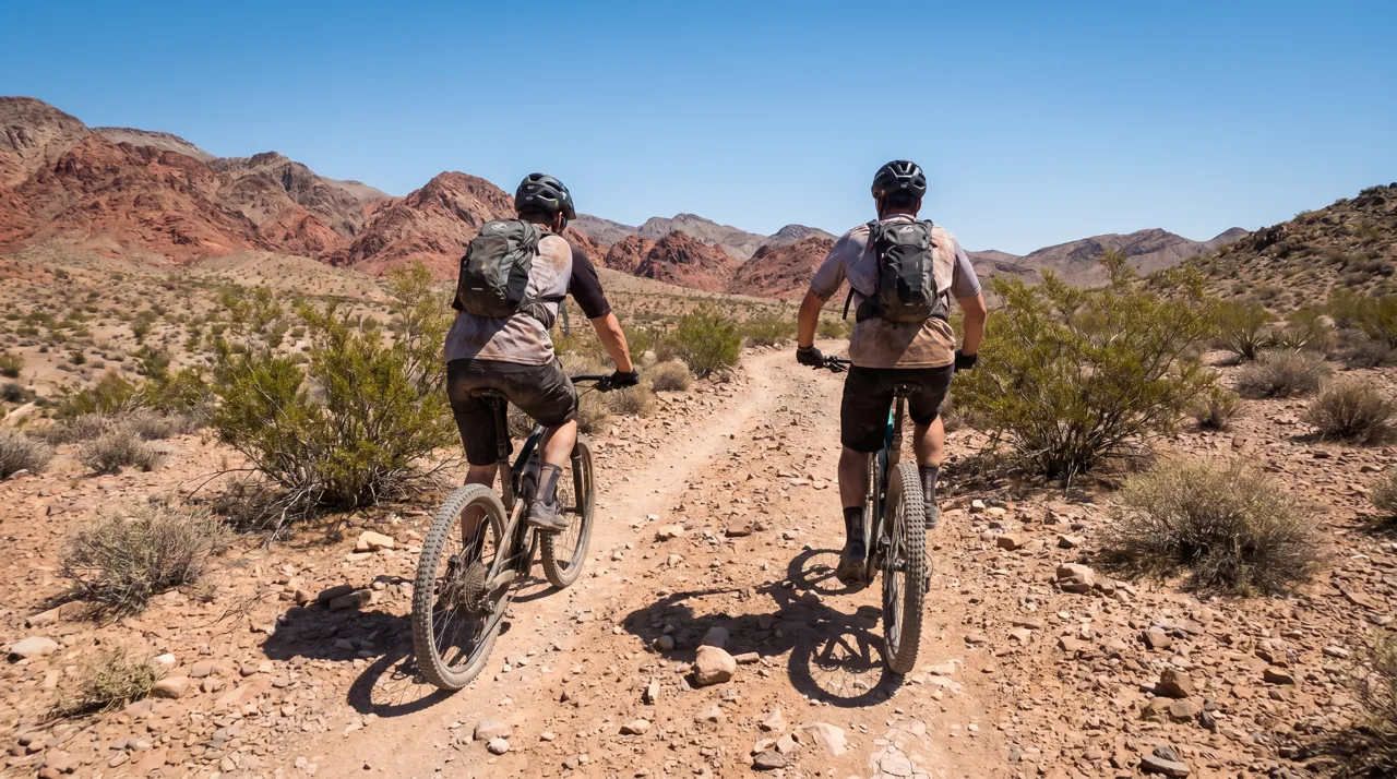 Mountain biker riding along a desert singletrack trail near Las Vegas with mountain scenery