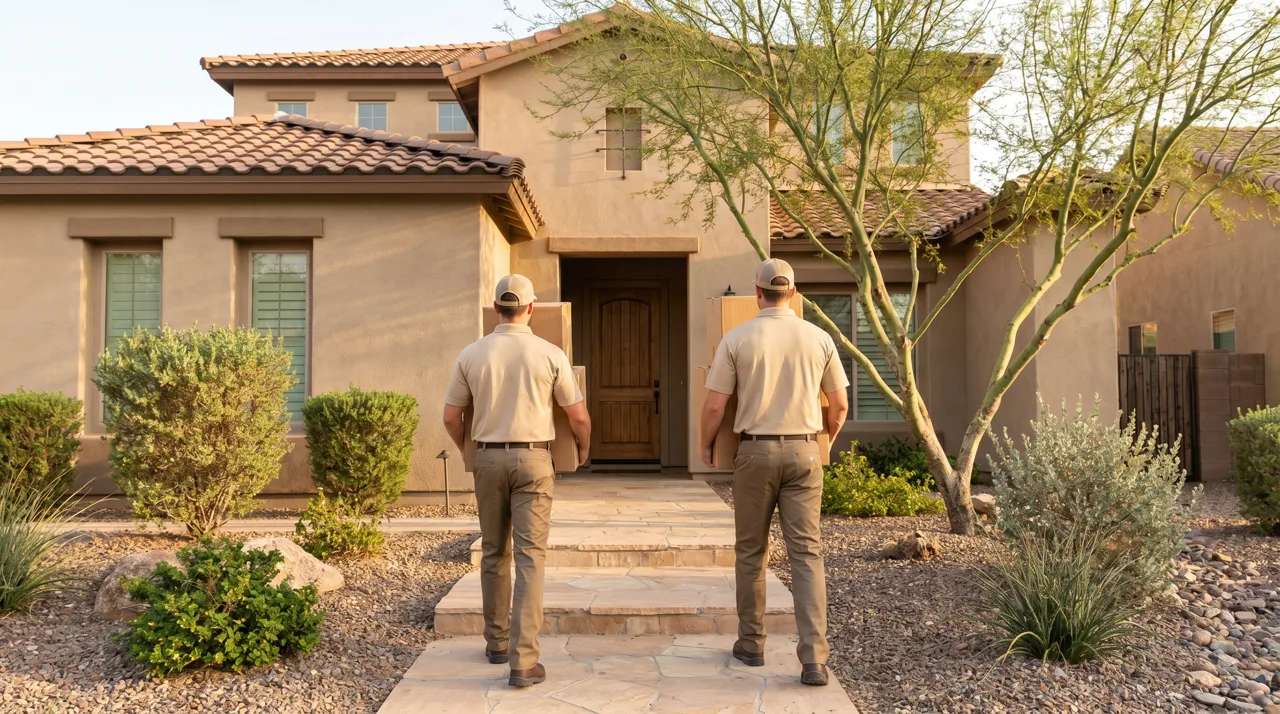 Two professional movers in uniform carrying boxes up the walkway of a modern Las Vegas home with desert landscaping