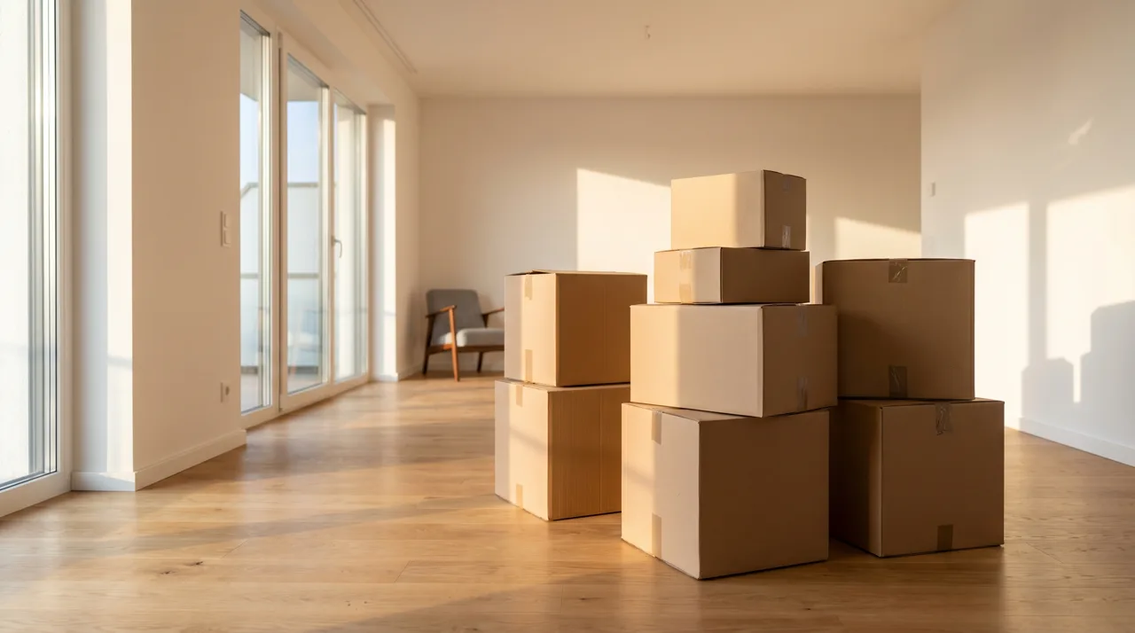Stack of cardboard moving boxes in an empty living room with sunlight streaming through tall windows