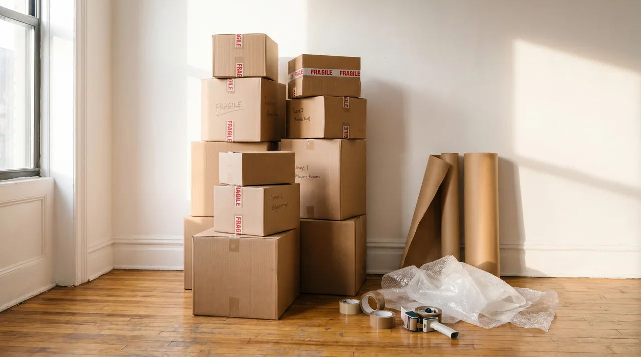 Stacked cardboard moving boxes and packing supplies in the corner of a sunlit apartment