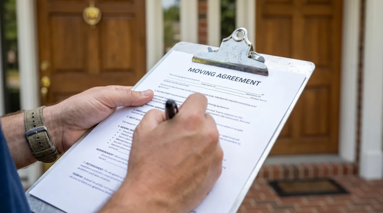 Close-up of a hand signing moving company paperwork on a clipboard at a residential doorstep