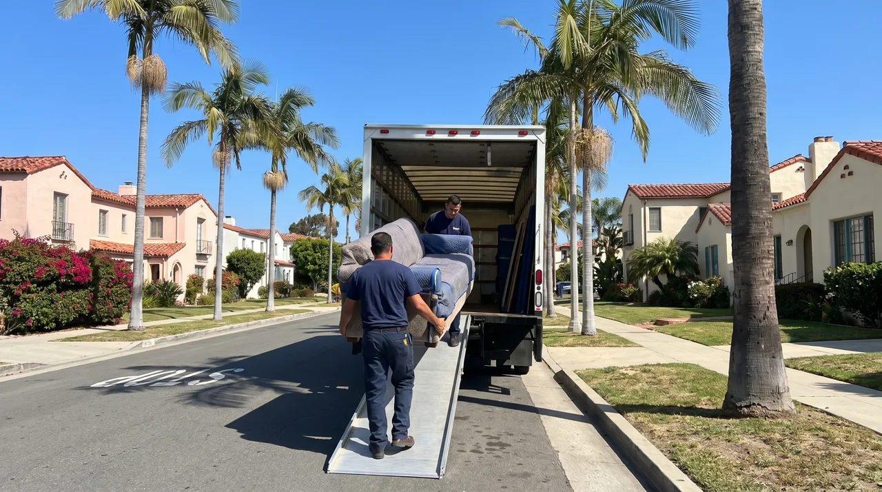 Large moving truck parked on a residential street with a crew loading furniture into the trailer