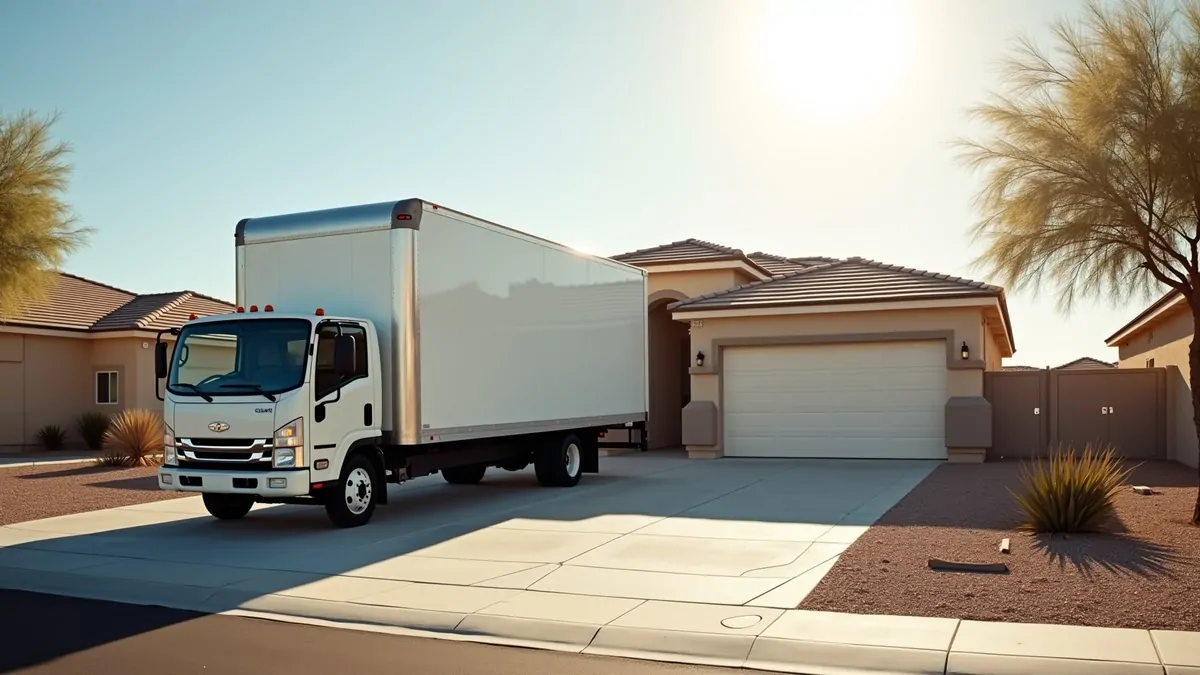 Moving truck in front of suburban house in Las Vegas desert, afternoon
