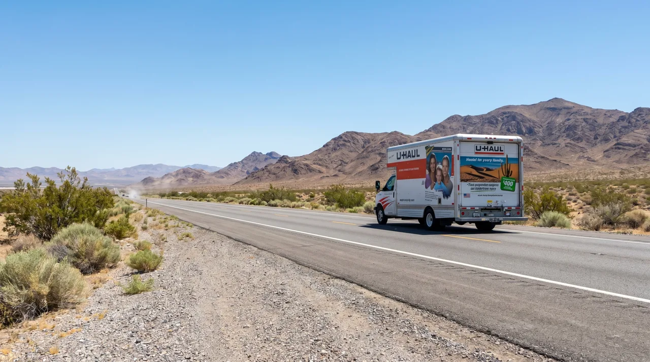 Large white rental moving truck driving along an Interstate highway through the Mojave Desert with mountains in the background