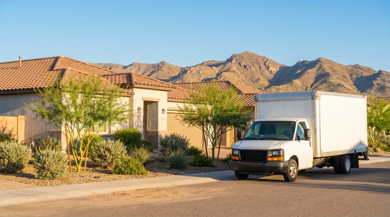 Moving truck parked outside a Las Vegas suburban home with mountains in the background