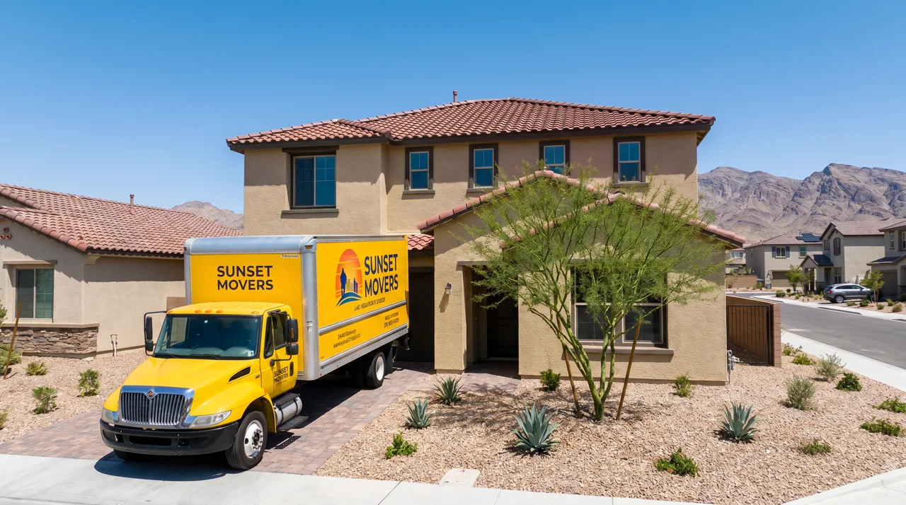 Yellow moving truck parked in the driveway of a newly built Las Vegas home with tan stucco and a red tile roof