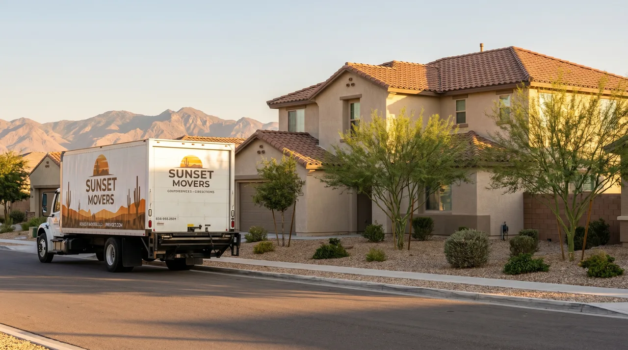 Moving truck parked in front of a modern suburban Las Vegas home on moving day