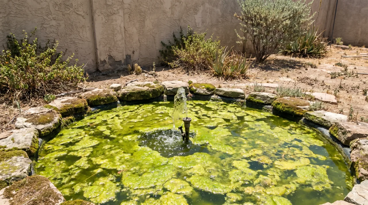 Neglected ornamental backyard pond with green algae and a small bubbler fountain illustrating maintenance demands