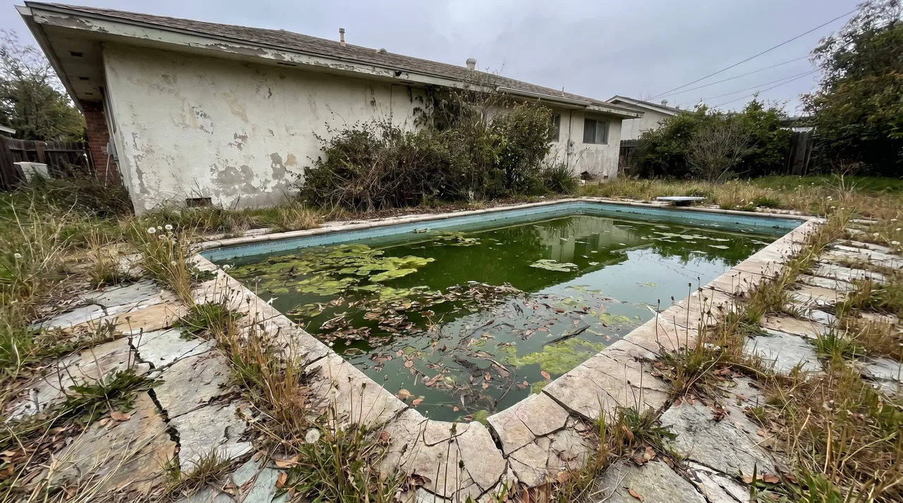 Neglected backyard swimming pool with green algae-stained water and overgrown vegetation around the edges