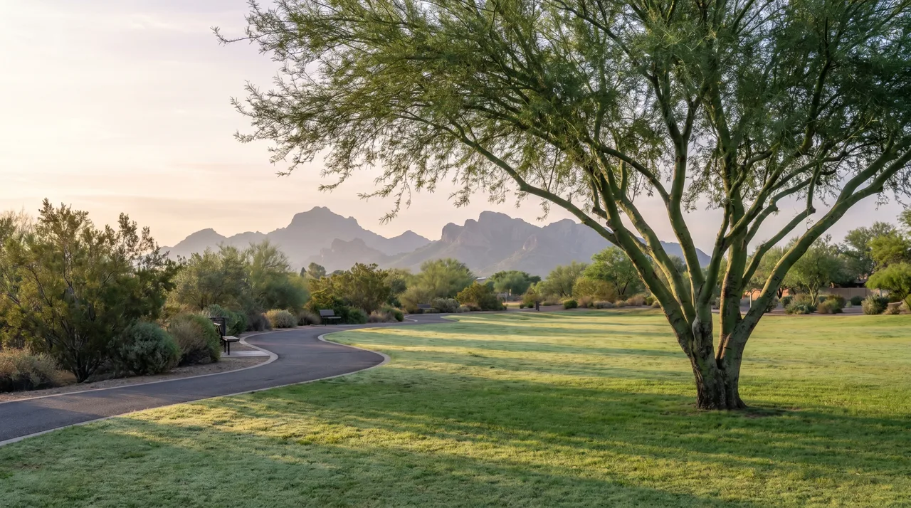 Quiet neighborhood park with a single mature tree and green lawn in a Las Vegas residential area at morning