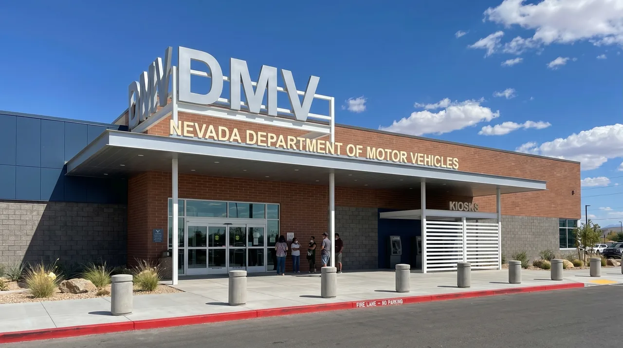 Exterior of a Nevada Department of Motor Vehicles office in Las Vegas with state signage visible