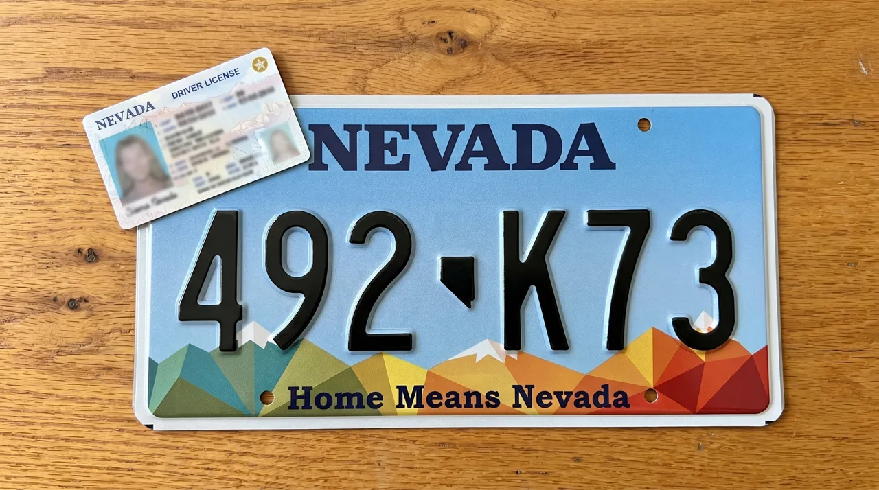 Nevada driver's license resting on a Home Means Nevada license plate