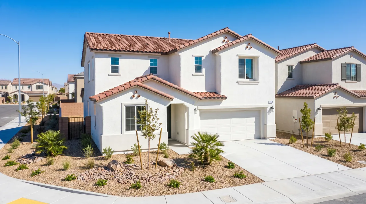 Brand-new construction home under a blue sky in a Las Vegas master-planned community