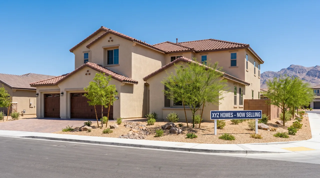 New construction single-family home in a Las Vegas master-planned community with a builder sign out front