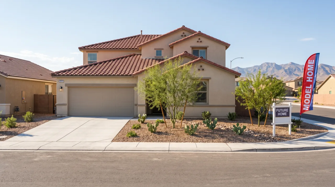 A new construction Las Vegas home exterior with a builder yard sign and a model-home flag in front