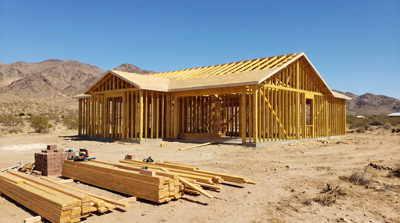 New construction home with wood framing visible in a Las Vegas master-planned community