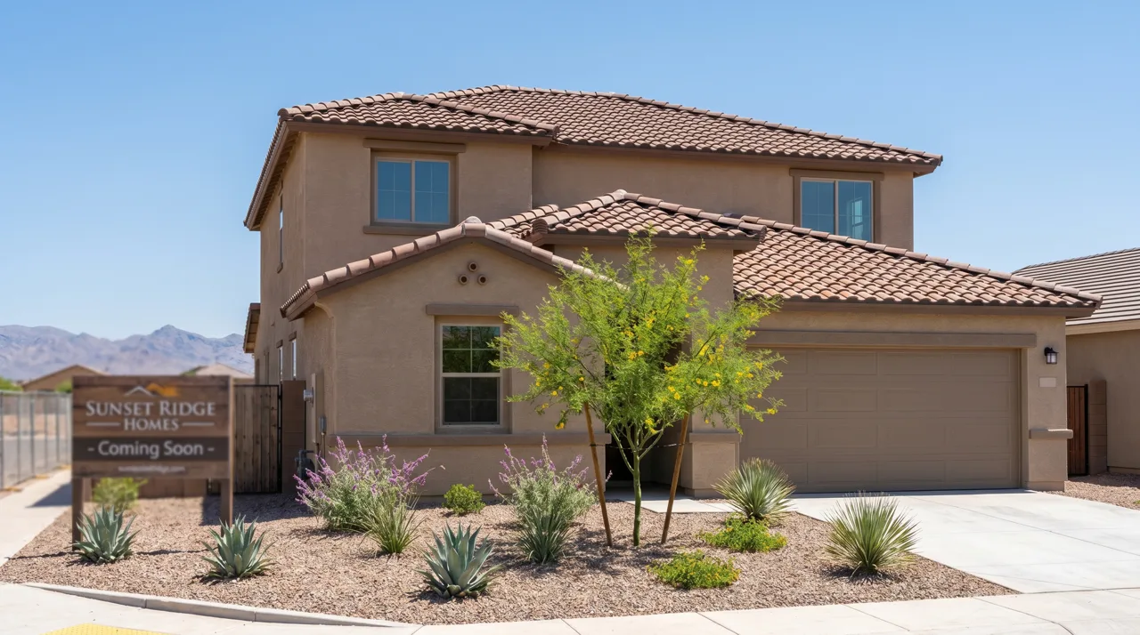 New construction single-family stucco home with fresh xeriscape landscaping in a Las Vegas master-planned community
