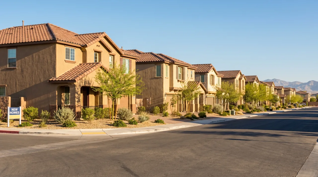 New-construction stucco homes with xeriscape desert landscaping on a master-planned community street