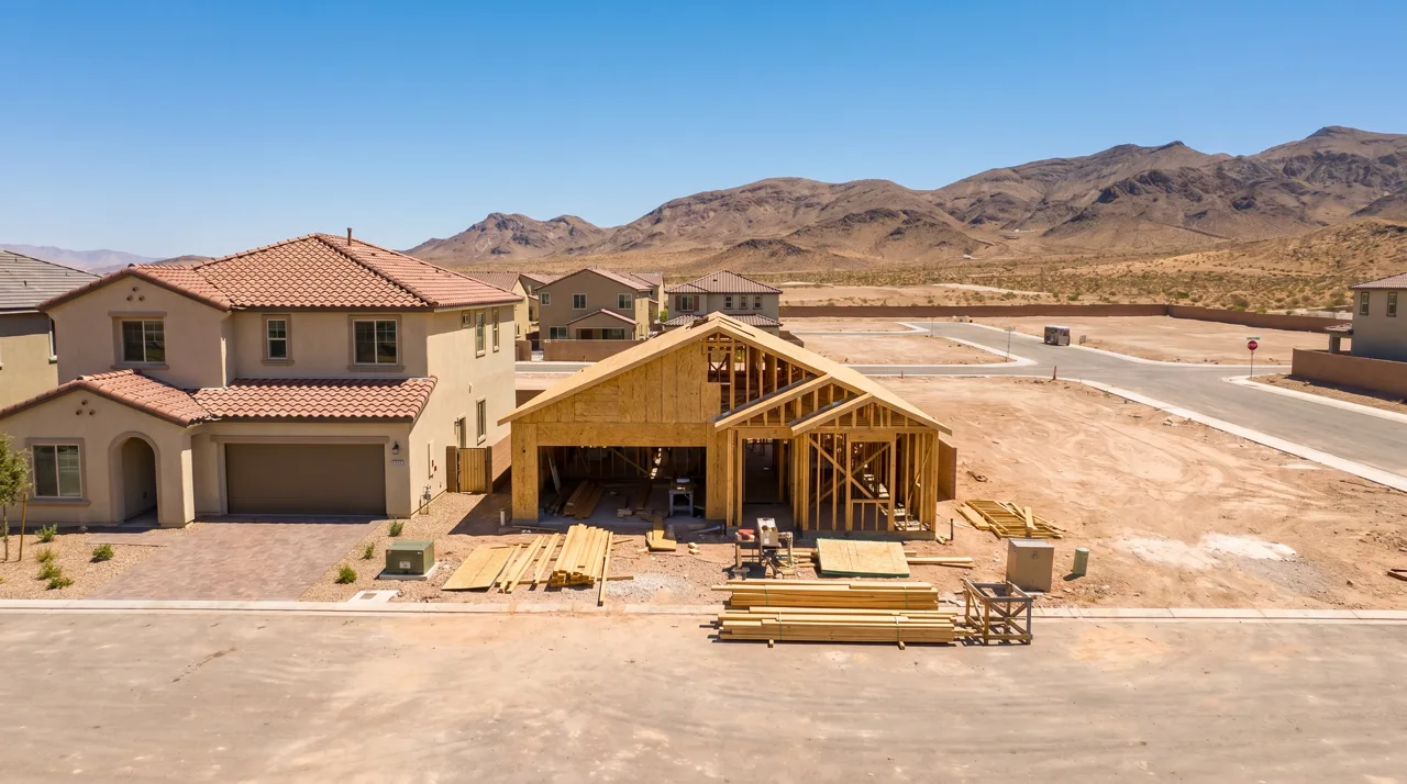 New construction homes in a Las Vegas master-planned community, with framing in progress next to a completed home