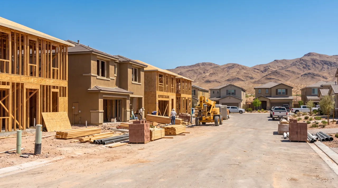 New home construction in a Las Vegas suburb with desert mountains visible in the background