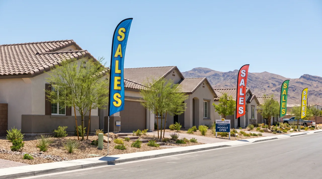 New construction model homes in a Las Vegas master-planned community with a builder sales flag out front