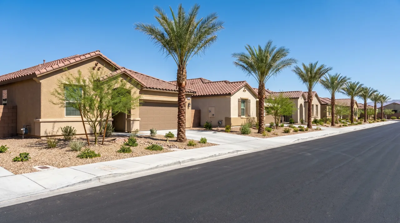 Row of newly built single-story stucco homes with desert landscaping and palm trees in a Las Vegas suburb