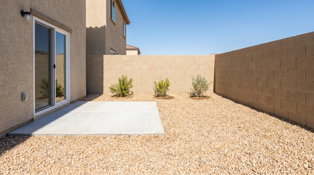 Sparse new construction backyard in Las Vegas with gravel and small desert plants