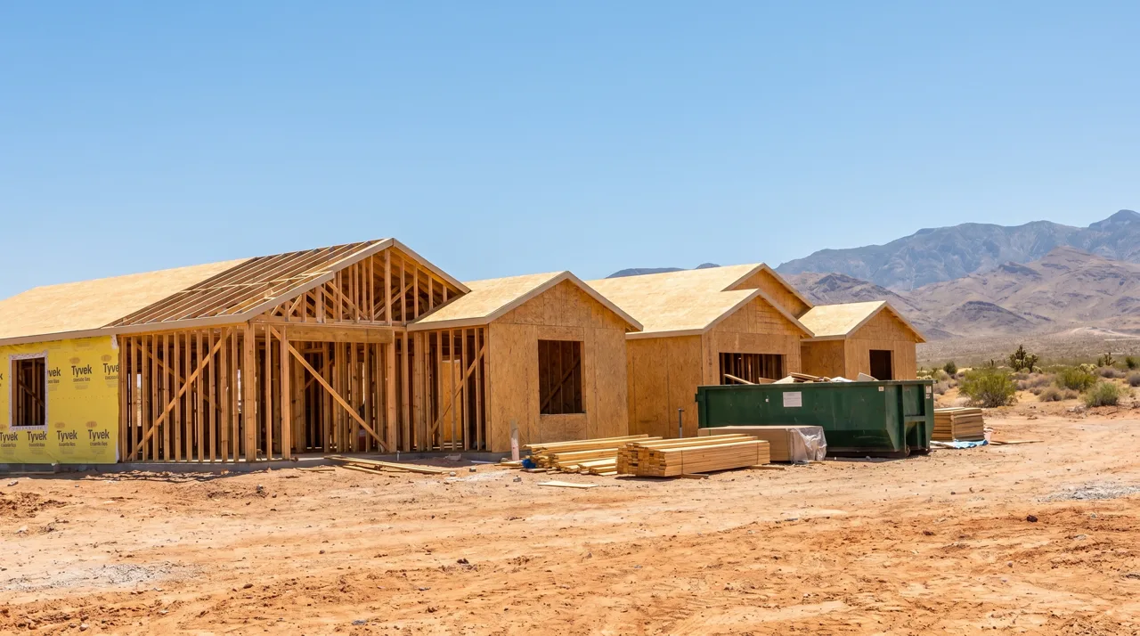 New construction homes mid-build with wood framing visible on a Las Vegas lot