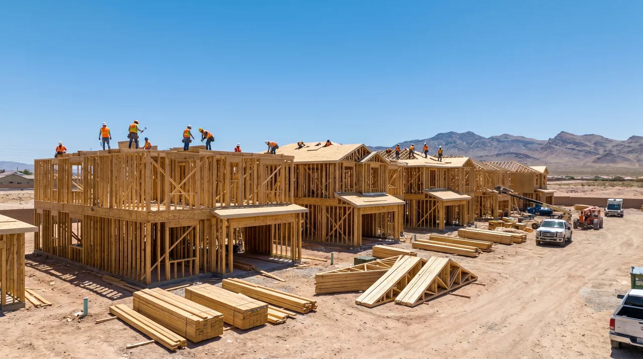 New home construction site with framers building two-story homes against a desert mountain backdrop in North Las Vegas