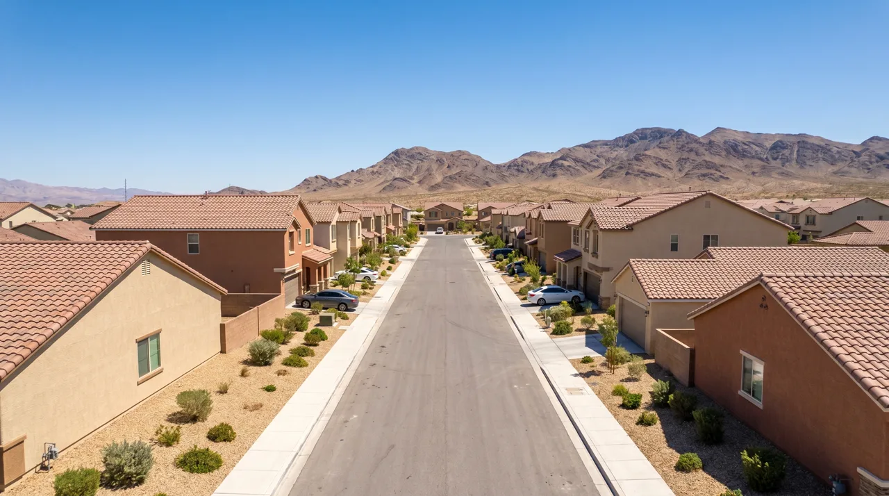 Rows of single-family homes in a North Las Vegas suburban development with mountains in the background