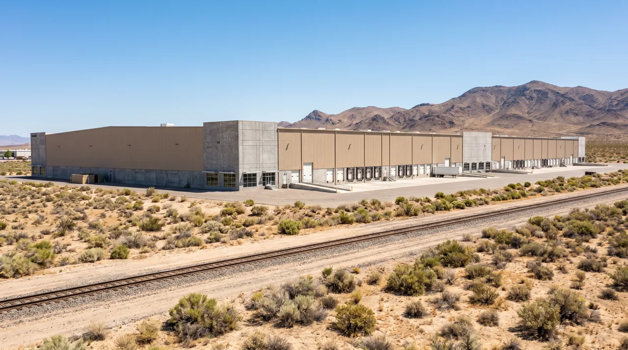 Large modern industrial warehouse and distribution center in the desert near North Las Vegas with a rail line in the foreground