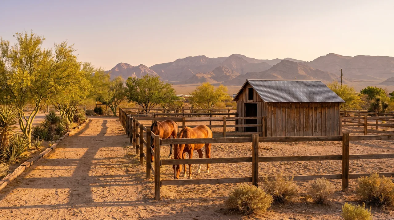 One-acre horse property in northwest Las Vegas with a wooden corral, small hay barn, and desert mountain backdrop