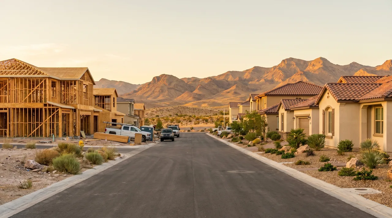 New construction homes in various stages of completion on a northwest Las Vegas desert street with mountain backdrop