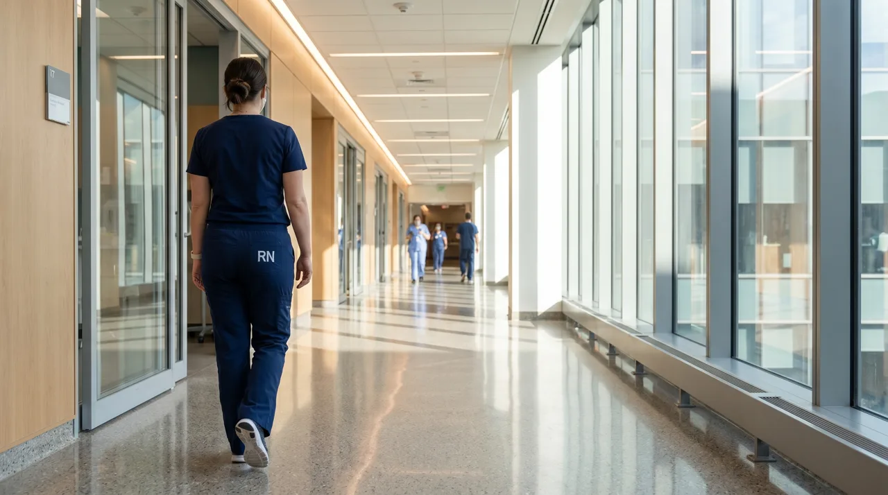 Registered nurse in blue scrubs walking down a sunlit modern hospital corridor