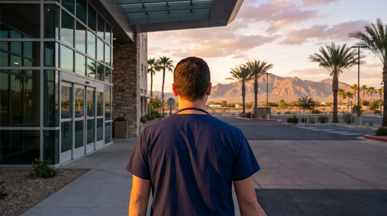 Nurse in scrubs standing outside a hospital at sunset with mountains in the background