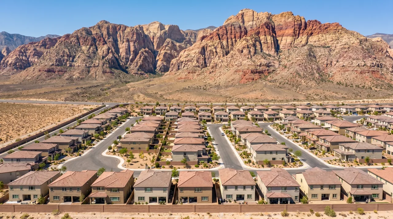 Elevated view of northwest Las Vegas with new master-planned community rooftops and Red Rock Canyon escarpment in the background