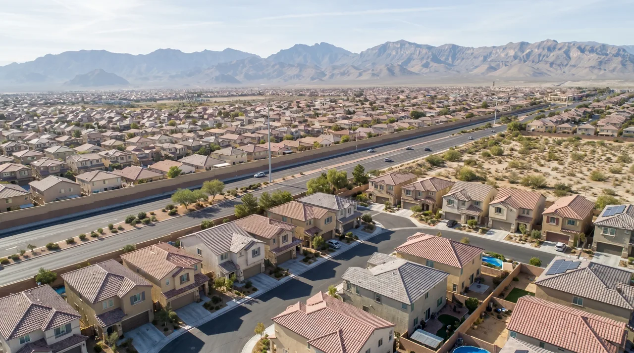 Elevated view of a northwest Las Vegas suburban neighborhood with the Spring Mountains in the background