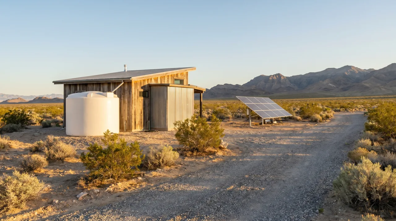 Small off-grid home on a rural desert parcel with a water storage tank and ground-mounted solar array near Las Vegas