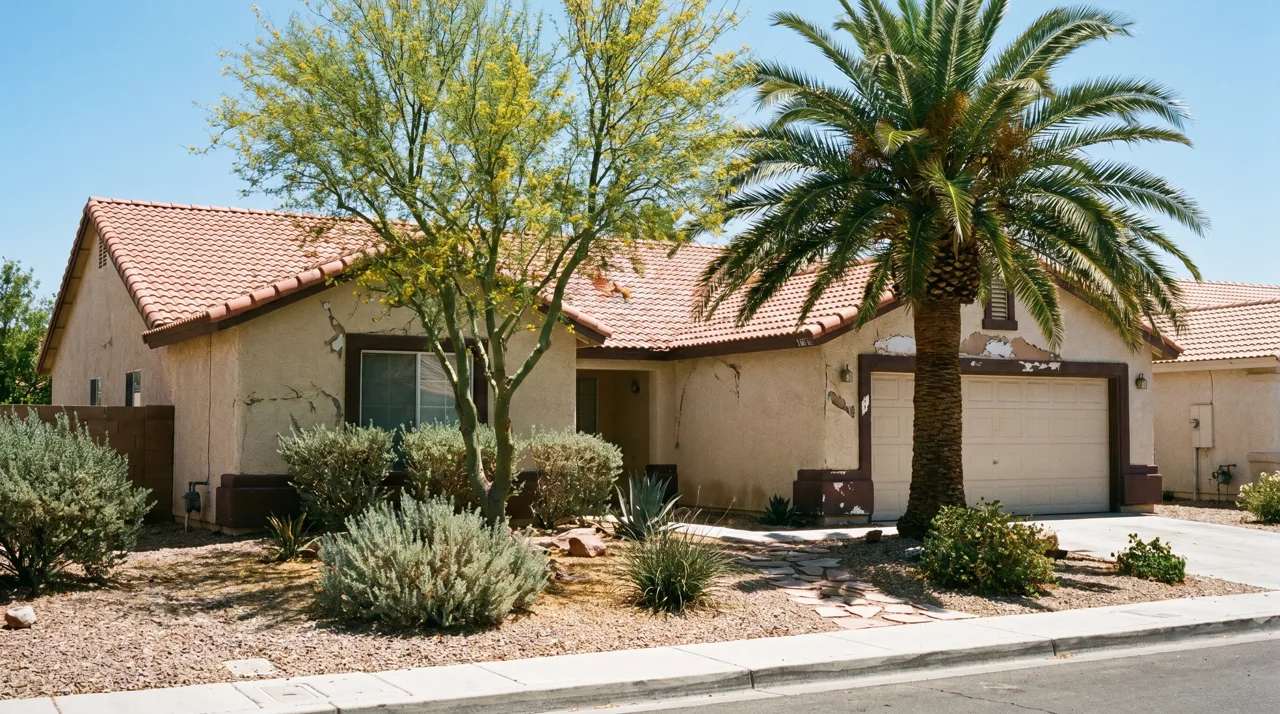 Older Las Vegas single-story home with a tile roof and mature desert landscaping, seen from the curb