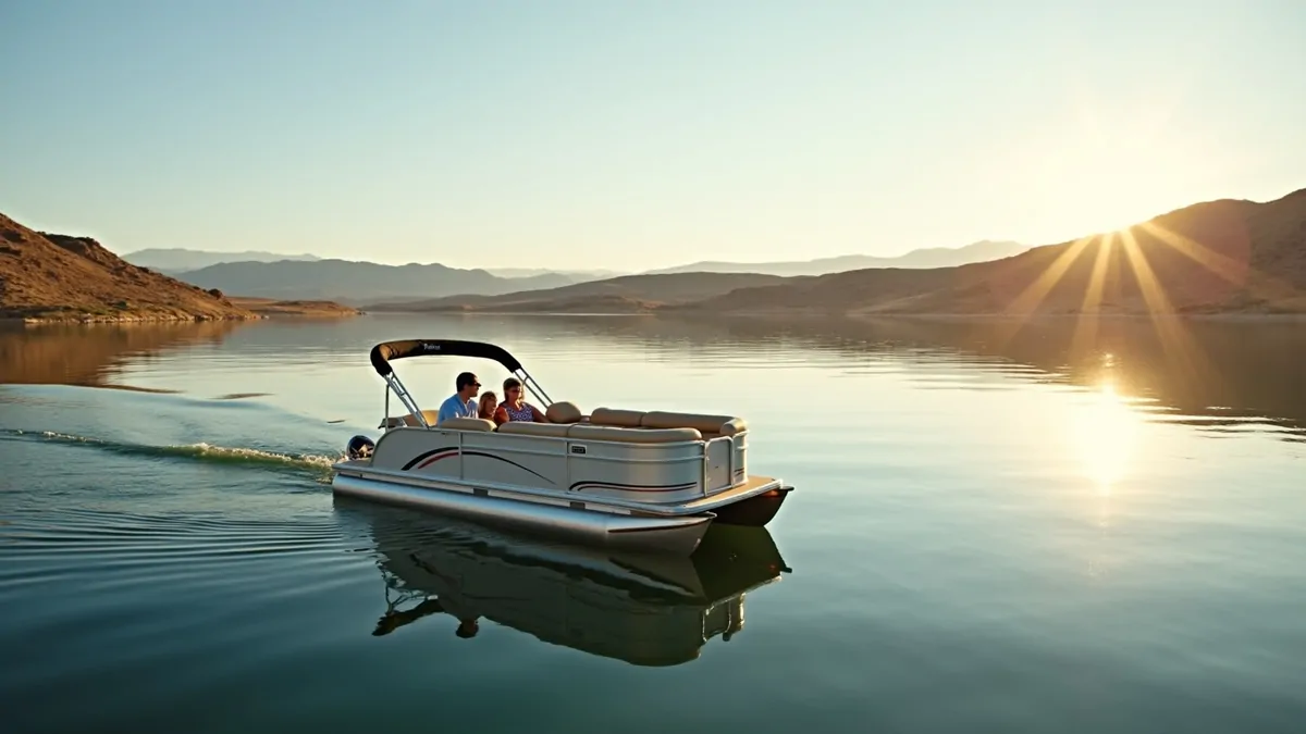 One electric pontoon boat on a lake in the Las Vegas desert in afternoon light.