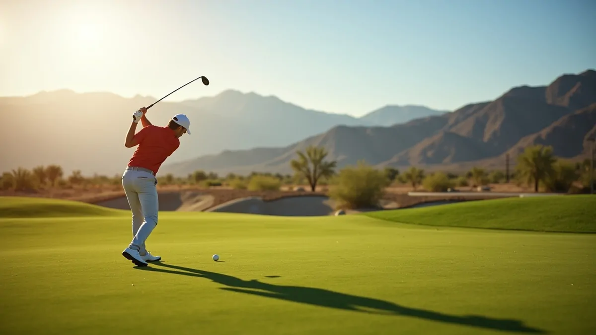 One golfer swinging on a green tee with desert mountains in the background