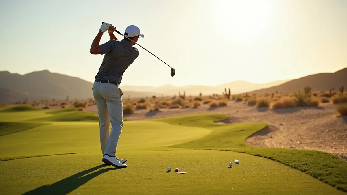 One golfer swinging on a practice range in Las Vegas desert