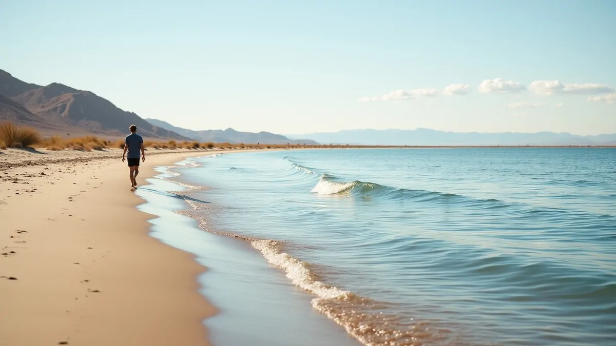 One person wading at a sandy lakeshore in the Las Vegas desert.
