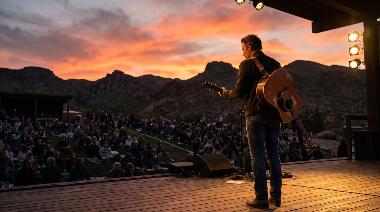 Guitarist performing at an outdoor summer concert at sunset near Las Vegas