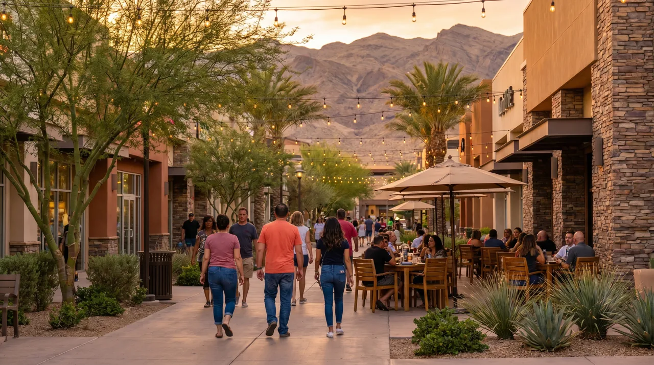 People walking and dining outdoors at a Las Vegas master-planned community shopping district at golden hour