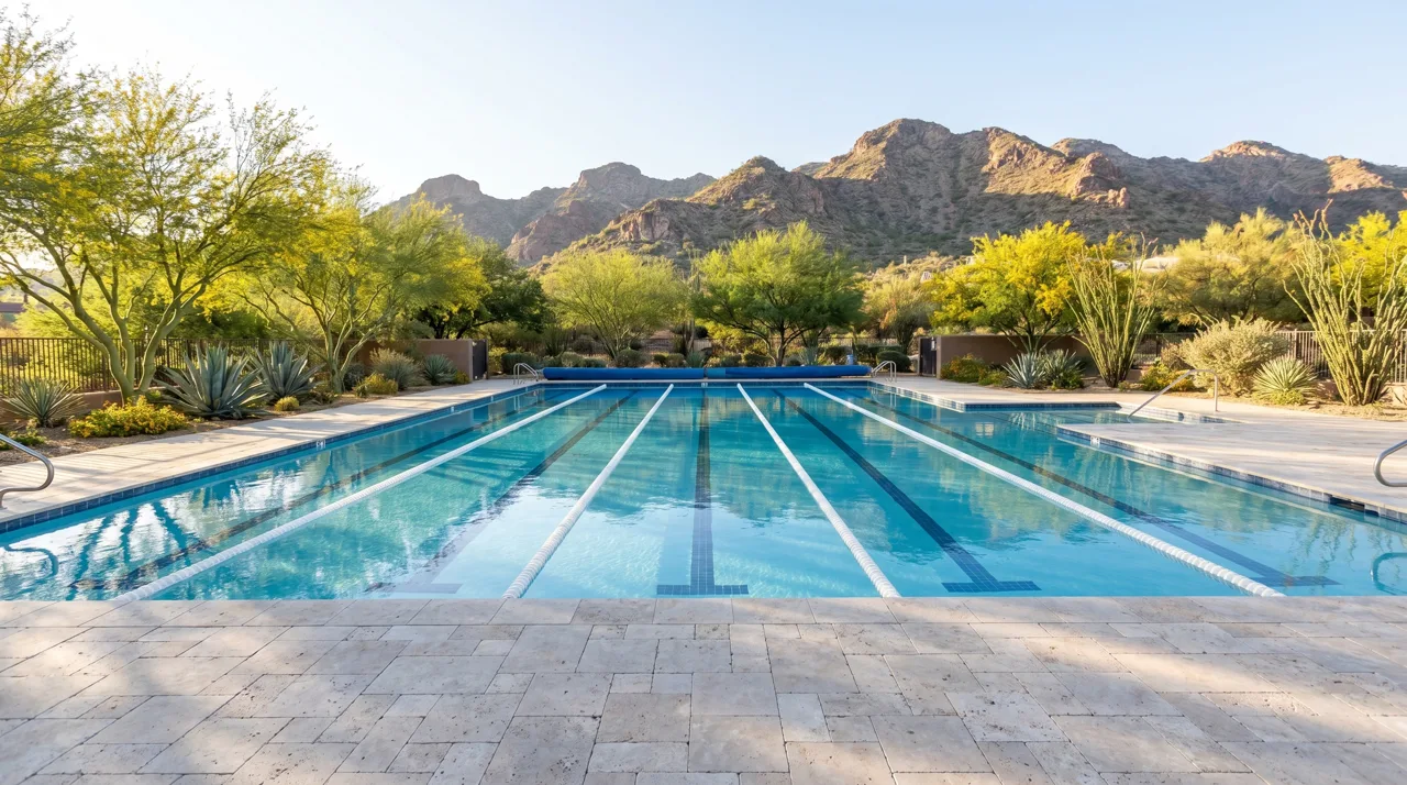 Empty outdoor lap swimming pool at a Summerlin community recreation center with desert mountains in the background
